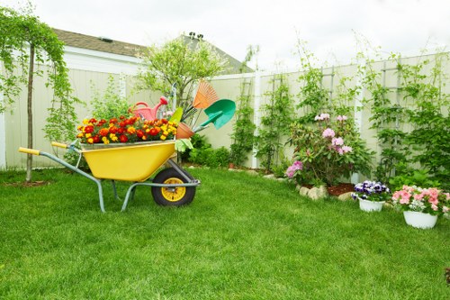 Elegant garden design in Ruislip featuring hardscaping elements and water features